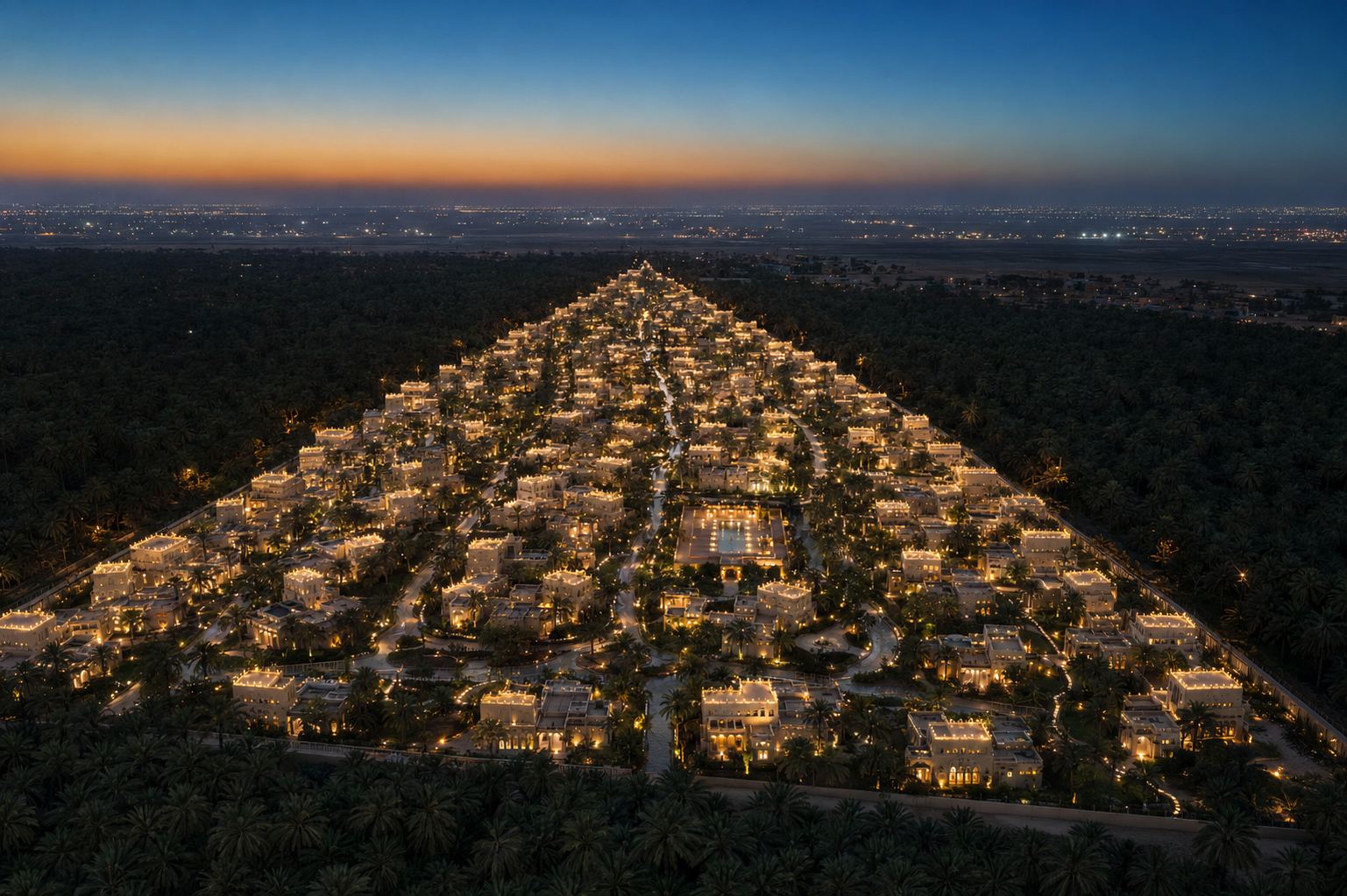 Juatha palm-grove residence — aerial at dusk